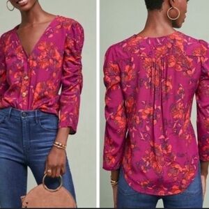 Anthropologie Maeve Floral Purple Red Floral Blouse Ruched Sleeves Size xs